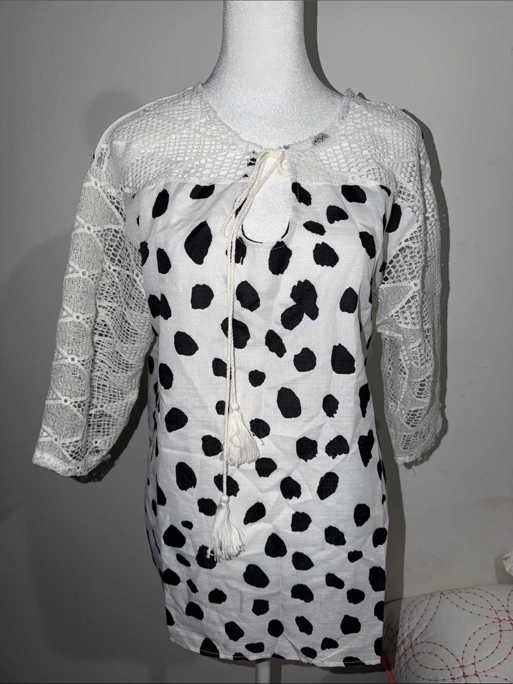 White Crochet Sleeve Dalmatian Spot blouse with